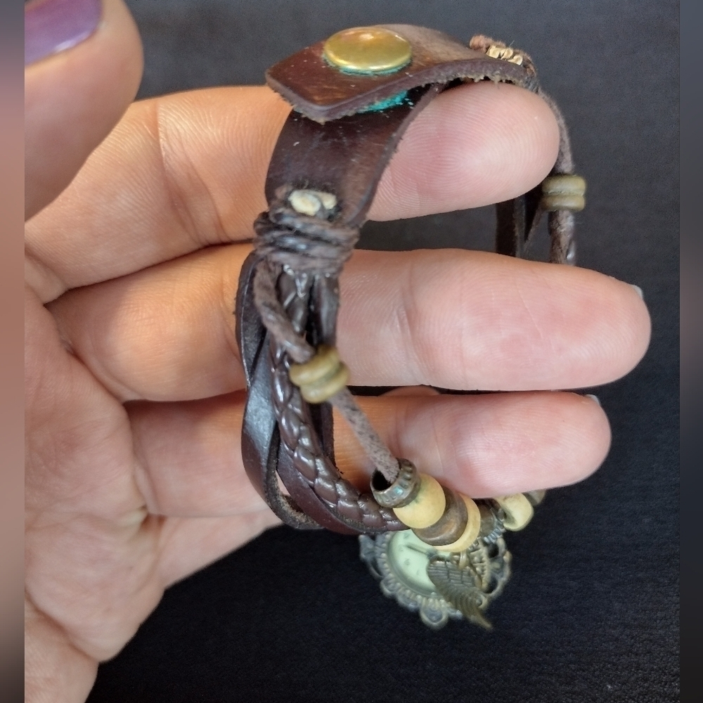 Vintage Boho Beaded Brown Leather Wrap Watch - Picture 6 of 9